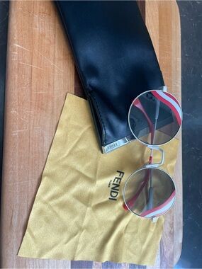Fendi Silver Round Sunglasses with Red & White Temple Stripes